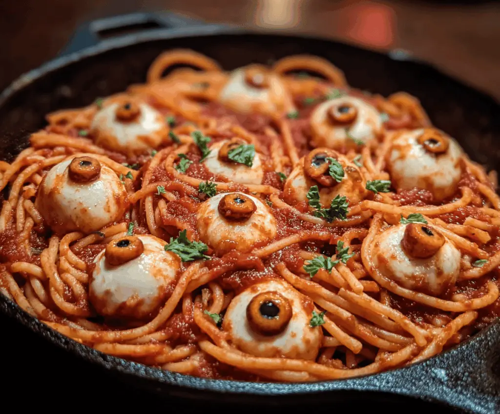 Spaghetti topped with bloody tomato sauce and mozzarella cheese shaped like eyeballs for a spooky Halloween-inspired dish