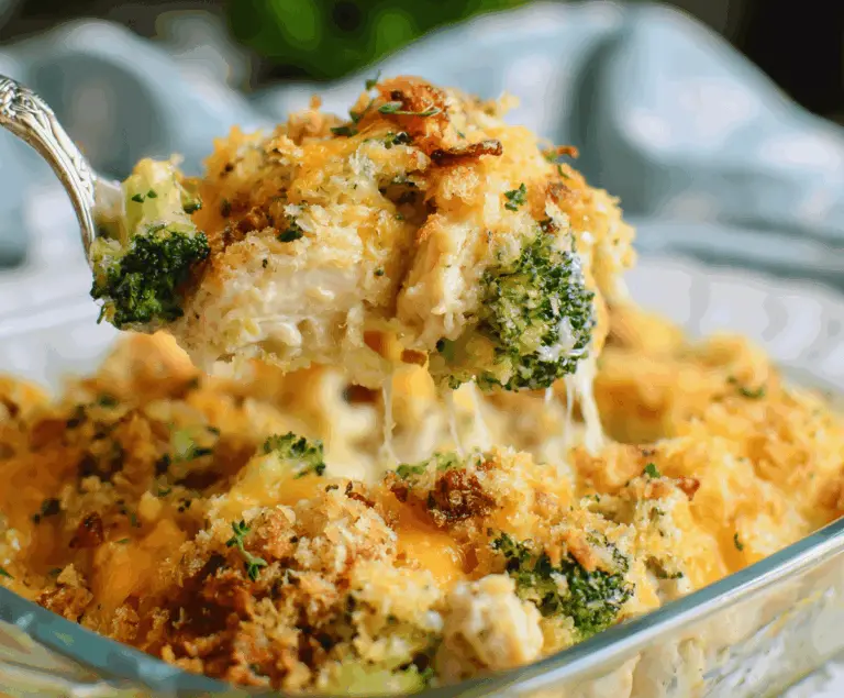 Delicious broccoli chicken casserole topped with melted cheese and fresh herbs, ready to serve as a comforting dinner.