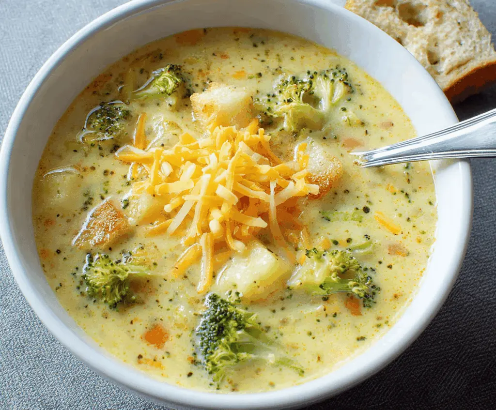 Creamy broccoli, potato, and cheese soup served in a bowl with fresh broccoli florets on top, perfect for a comforting meal.