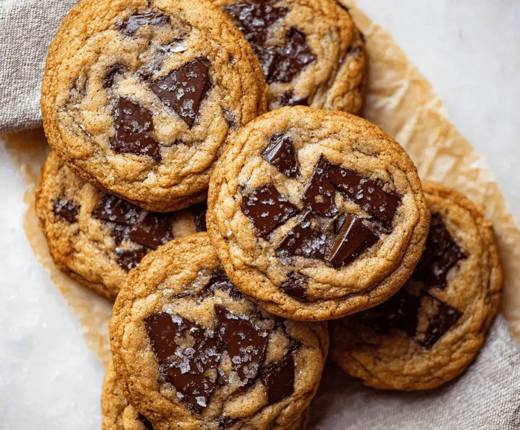 Delicious homemade brown butter chocolate chip cookies with golden edges and gooey chocolate chips on a rustic wooden table