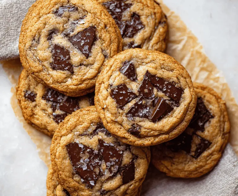 Delicious homemade brown butter chocolate chip cookies with golden edges and gooey chocolate chips on a rustic wooden table