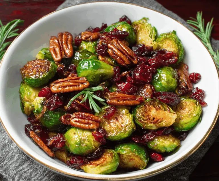 Delicious Brussels sprouts with crispy bacon, toasted pecans, dried cranberries, and a glossy balsamic glaze, perfect for a flavorful side dish.