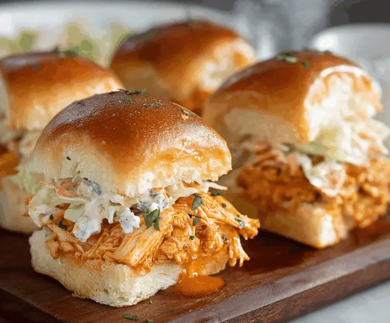 Delicious buffalo chicken sliders topped with melted cheese and fresh toppings, served on soft slider buns perfect for appetizer or snack