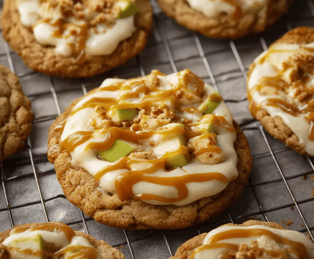 Delicious caramel apple cookies with a golden-brown crust topped with caramel and sliced apples.
