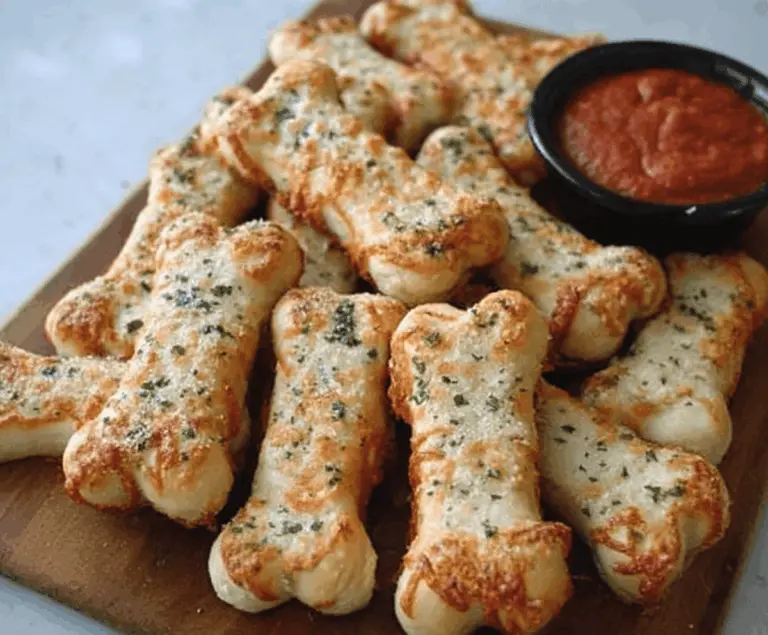 Delicious cheesy breadstick bones topped with melted cheese and herbs, perfect for a spooky appetizer or party snack.