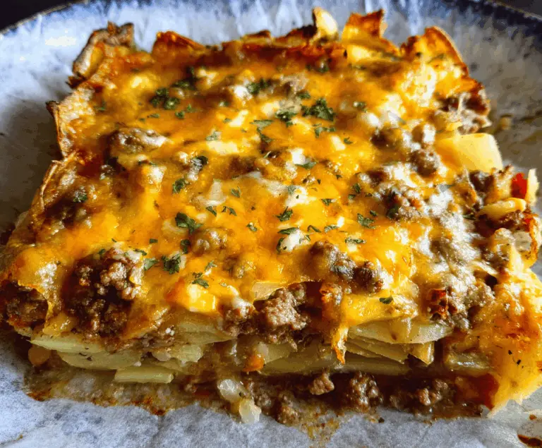 Delicious cheesy ground beef and potato casserole topped with melted cheese and fresh herbs, served hot and ready to enjoy