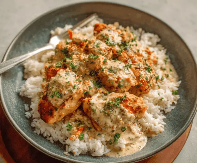 Plate of chicken and rice bowls topped with creamy garlic sauce, garnished with fresh herbs, perfect for a flavorful and hearty meal.