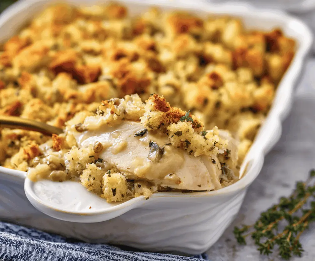Delicious Chicken and Stuffing Bake with golden-brown topping, served on a plate with fresh herbs