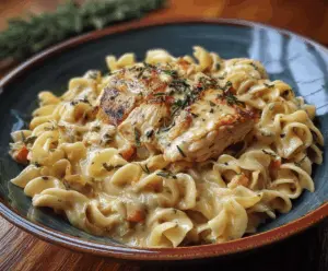 Creamy chicken buttered noodles served in a bowl, garnished with fresh herbs, perfect for a comforting homemade meal.