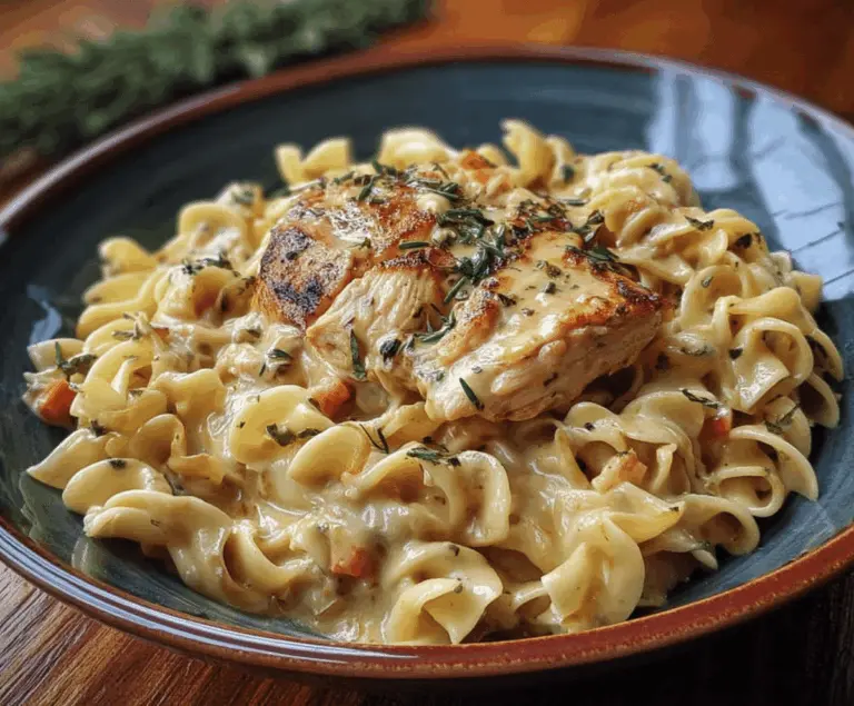 Creamy chicken buttered noodles served in a bowl, garnished with fresh herbs, perfect for a comforting homemade meal.