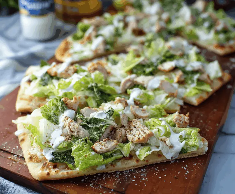 Delicious Chicken Caesar Flatbread topped with grilled chicken, romaine lettuce, and Caesar dressing.
