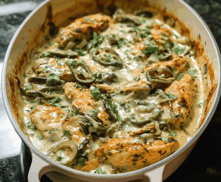 Delicious Chicken Poblano Casserole topped with creamy sauce and melted cheese, served in a baking dish