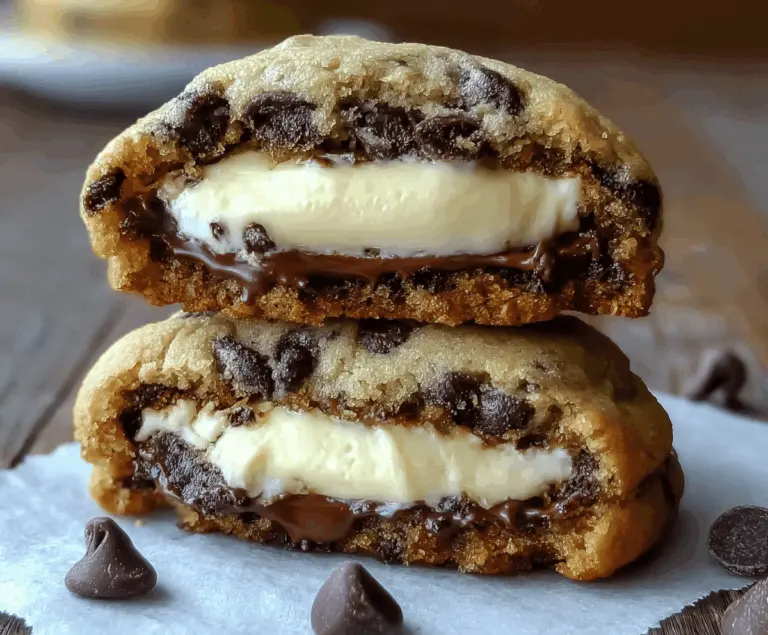 Delicious chocolate chip cookies filled with creamy cheesecake, topped with chocolate chips and a drizzle of chocolate glaze, perfect for satisfying sweet cravings.