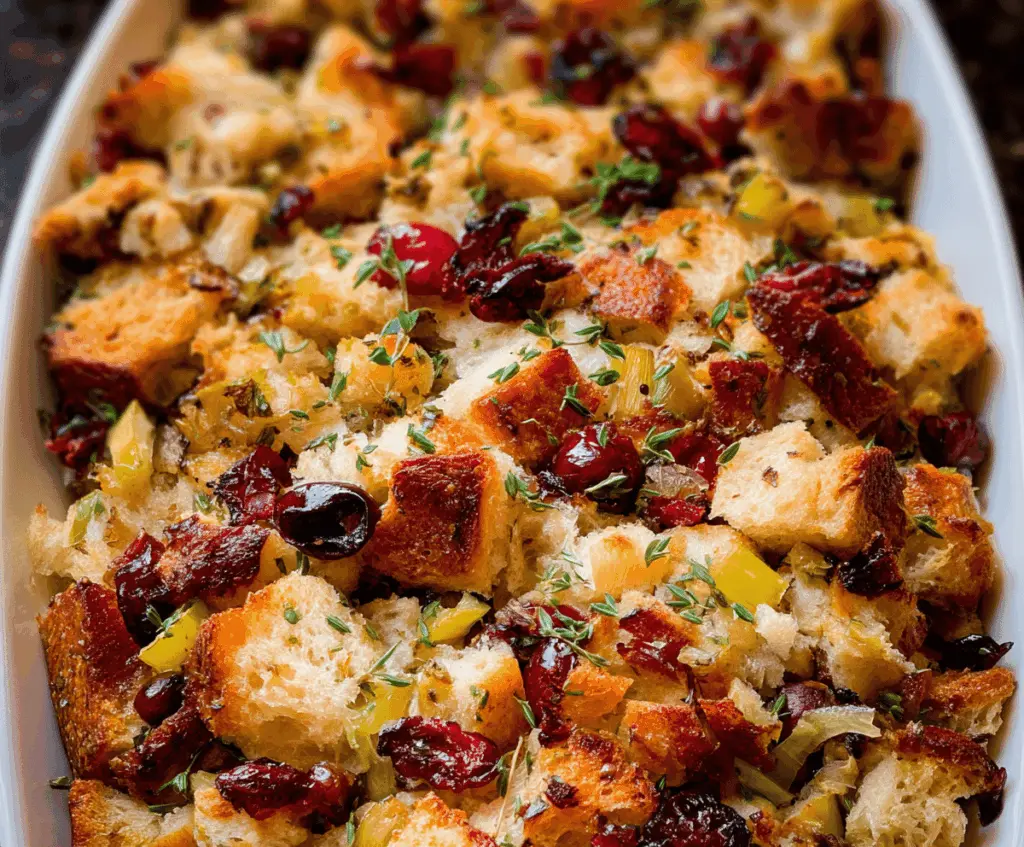 A serving of homemade cranberry apple stuffing garnished with fresh herbs, perfect for holiday dinners.