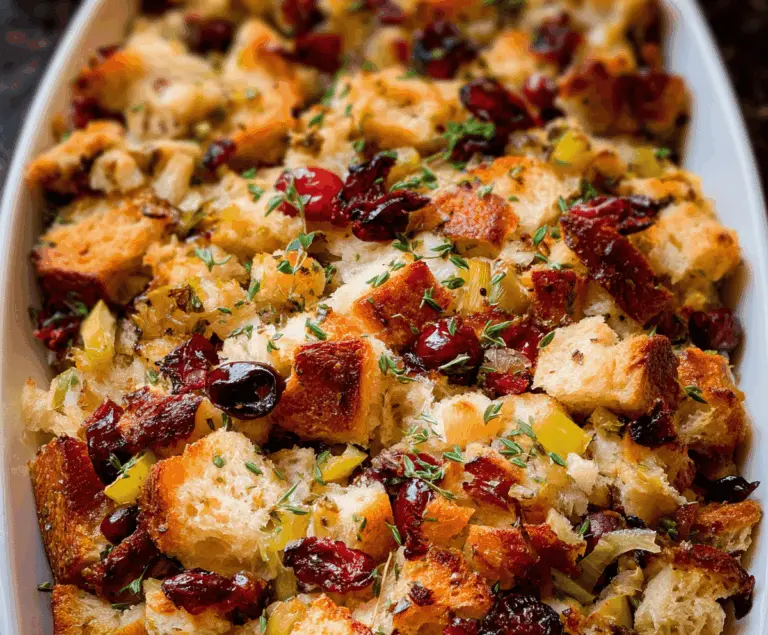 A serving of homemade cranberry apple stuffing garnished with fresh herbs, perfect for holiday dinners.