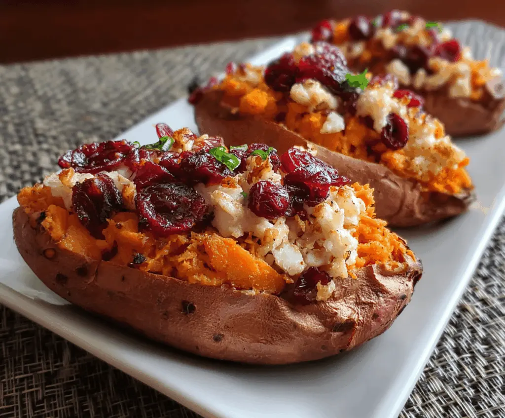 Delicious cranberry apple twice-baked sweet potatoes garnished with fresh herbs for a festive holiday dish.