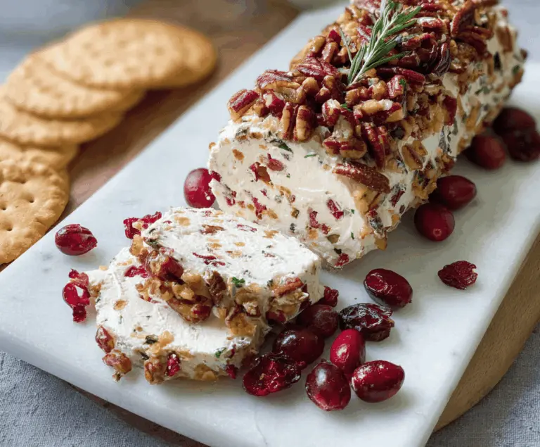 Delicious Cranberry Pecan Cheese Log garnished with fresh cranberries and pecans for an elegant appetizer.