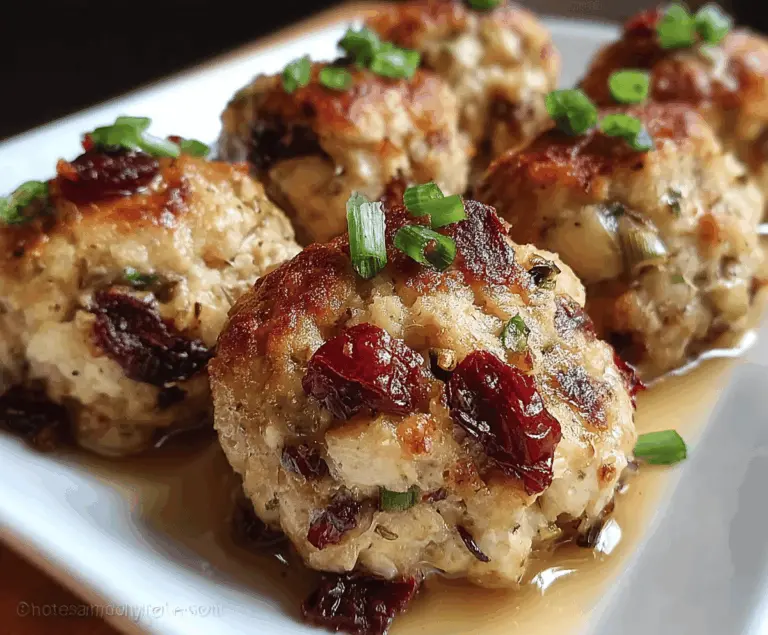 Delicious Cranberry Turkey Stuffing Balls served on a plate, featuring golden-brown exterior and a filling of turkey, cranberries, and stuffing, perfect for holiday celebrations.