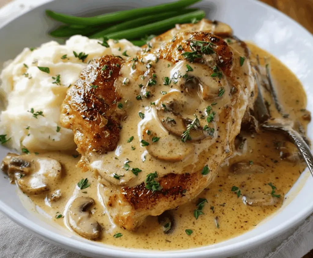 Delicious creamy garlic chicken served with herbs and vegetables on a white plate.