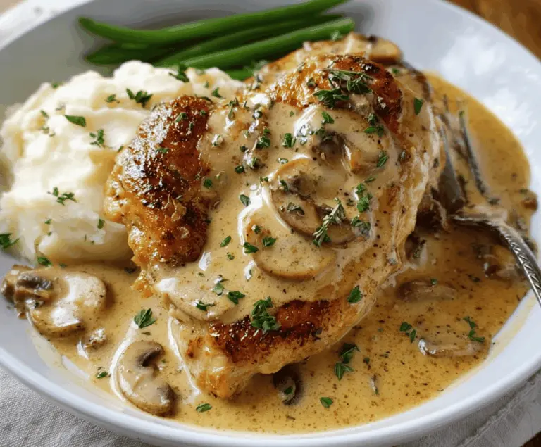 Delicious creamy garlic chicken served with herbs and vegetables on a white plate.