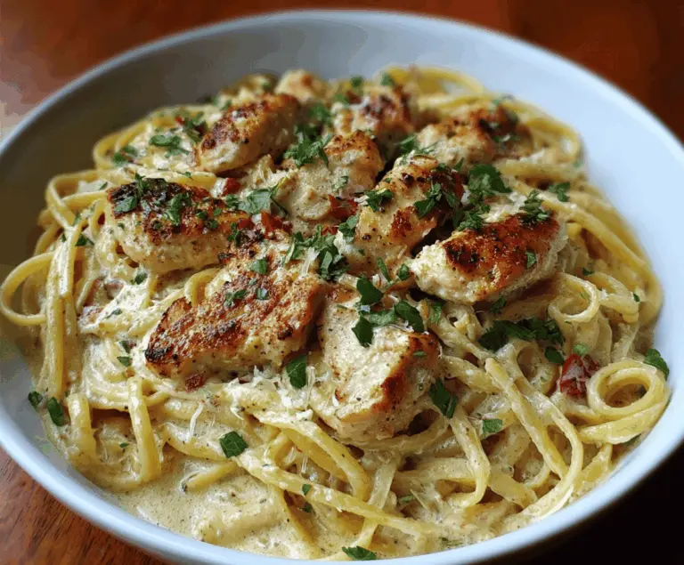 Creamy garlic parmesan chicken pasta served with melted cheese and fresh herbs on a white plate.