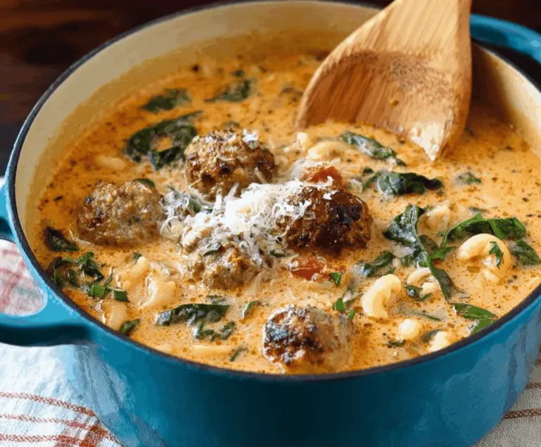 Creamy Italian Meatball Soup with beef meatballs, spinach, and Parmesan cheese in a creamy broth served in a bowl