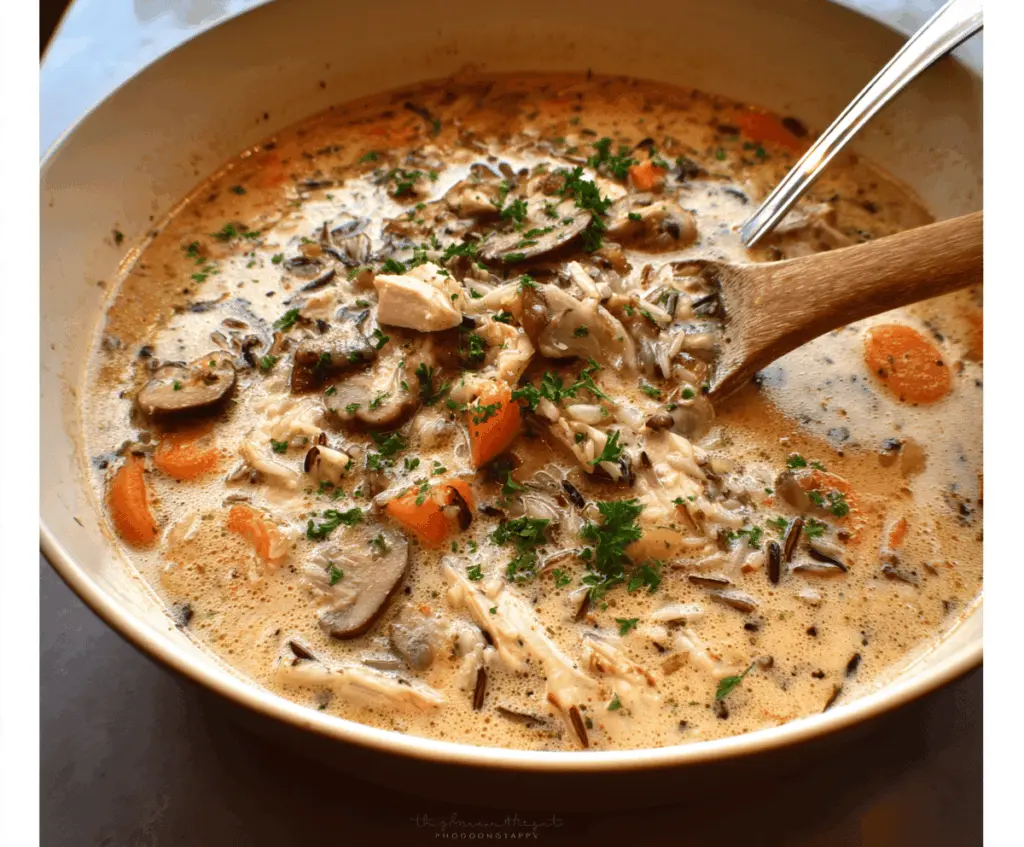 Creamy mushroom chicken and wild rice soup in a bowl with fresh herbs, showcasing a hearty and comforting dish with tender chicken, mushrooms, and wild rice in a creamy broth