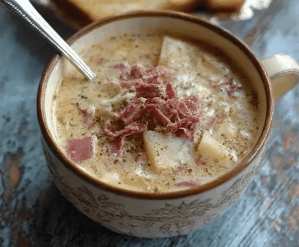 Creamy Reuben Soup in a bowl garnished with fresh herbs, showcasing tender corned beef, sauerkraut, melted cheese, and rye bread croutons
