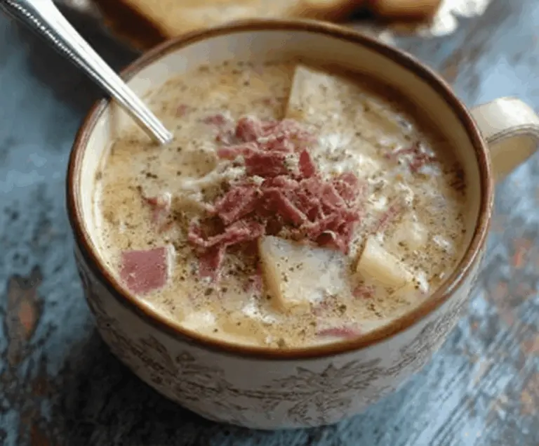 Creamy Reuben Soup in a bowl garnished with fresh herbs, showcasing tender corned beef, sauerkraut, melted cheese, and rye bread croutons