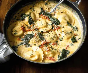Creamy Tuscan Ravioli Soup with spinach, sun-dried tomatoes, and parmesan cheese in a bowl