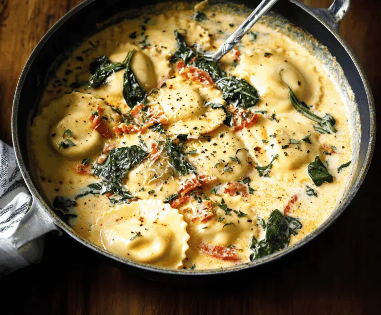 Creamy Tuscan Ravioli Soup with spinach, sun-dried tomatoes, and parmesan cheese in a bowl