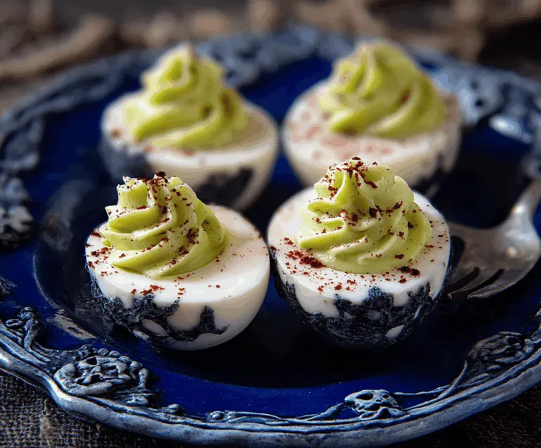 Spooky Halloween-themed deviled eggs decorated with creepy spider and eyeball toppings for a Halloween party.
