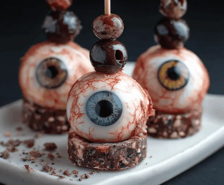 Spooky Creepy Eyeball Bites on a plate, featuring ghoulishly realistic eyeball-shaped snacks perfect for Halloween parties