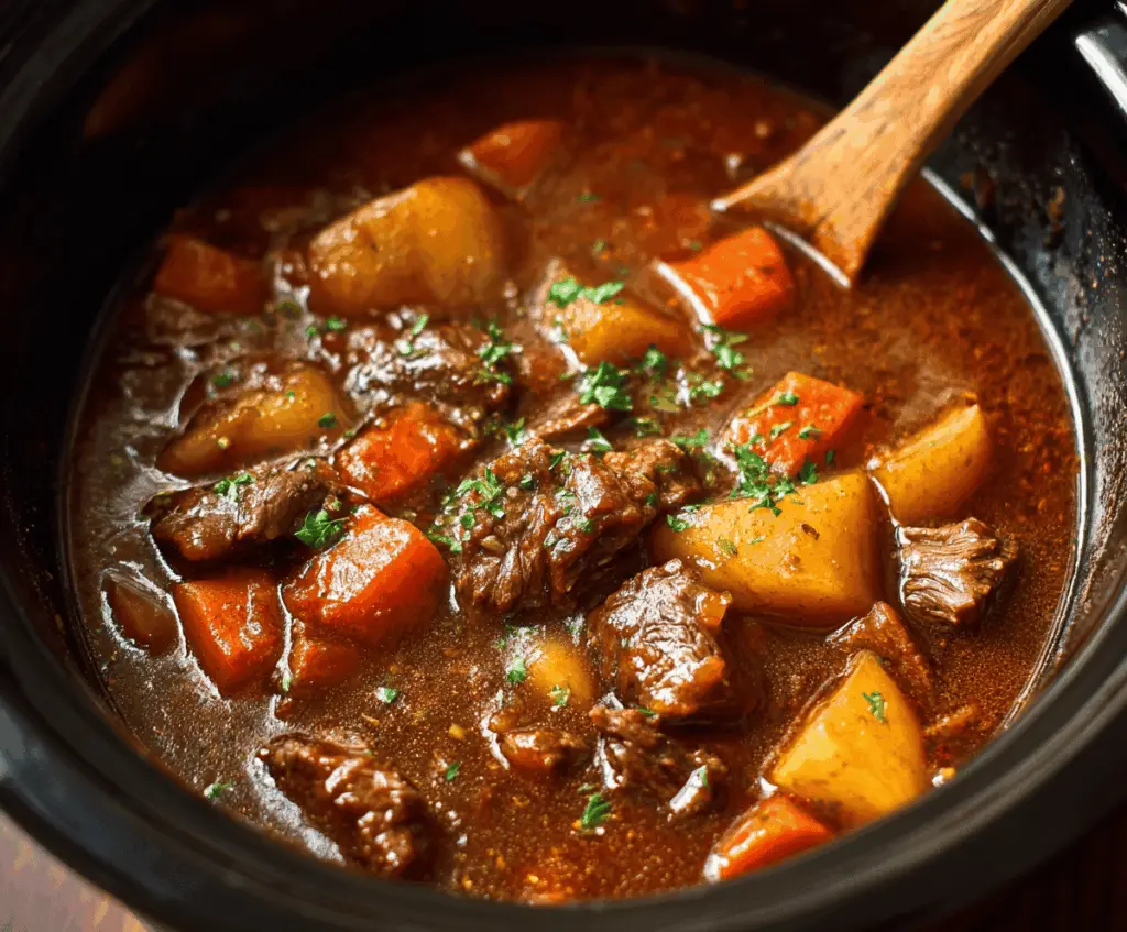 Hearty crockpot beef stew with tender beef chunks, vegetables, and savory broth in a slow cooker