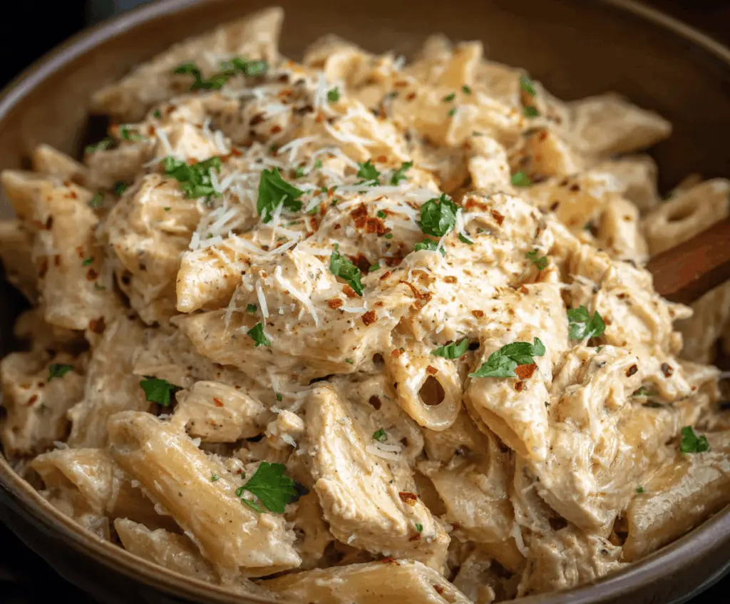 Creamy Crockpot Garlic Parmesan Chicken Pasta dish featuring tender chicken, al dente pasta, and a rich garlic Parmesan sauce in a slow cooker