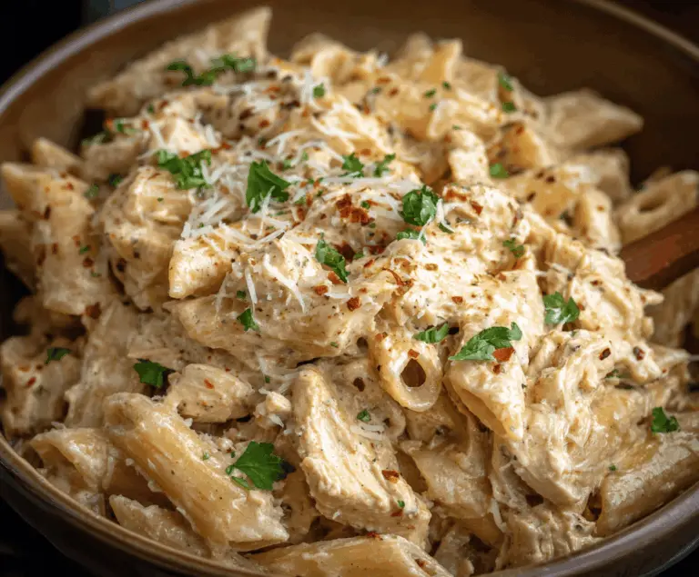 Creamy Crockpot Garlic Parmesan Chicken Pasta dish featuring tender chicken, al dente pasta, and a rich garlic Parmesan sauce in a slow cooker