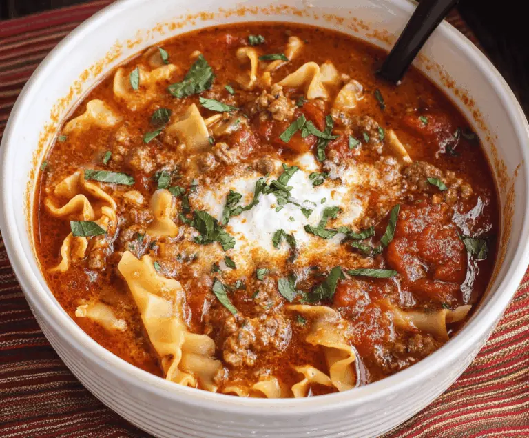 Delicious Crockpot Lasagna Soup served in a bowl with melted cheese, fresh basil, and a spoon, showcasing hearty Italian flavors