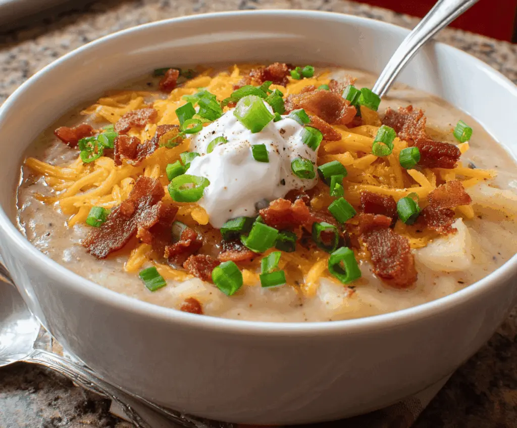Creamy crockpot loaded baked potato soup topped with shredded cheese, crispy bacon, green onions, and sour cream in a rustic bowl