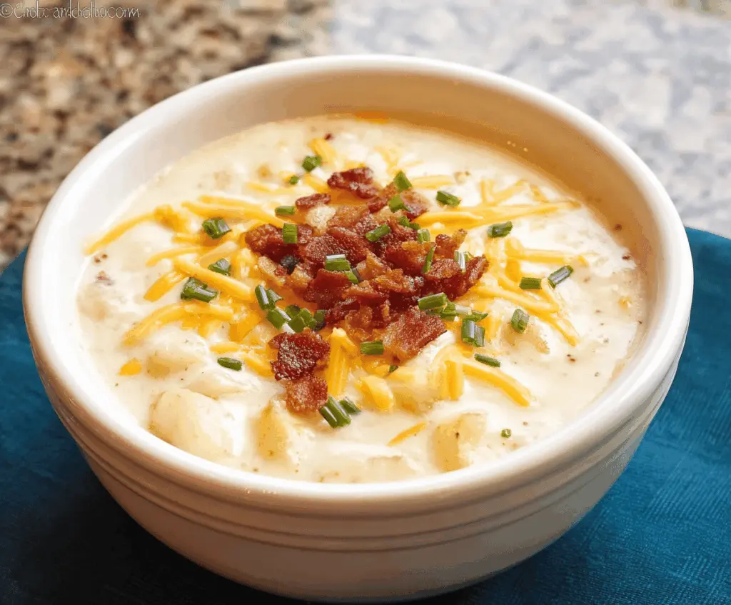 Creamy Crockpot Potato Soup in a bowl with chopped herbs and crispy bacon garnish, perfect for cozy meals