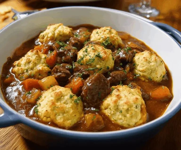 Hearty beef stew with tender meat, vegetables, and fluffy dumplings served in a rustic bowl