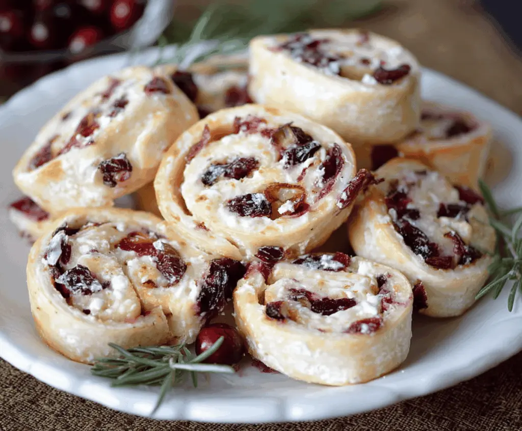 Festive Christmas cranberry pinwheels with vibrant red and green colors, perfect for holiday parties.