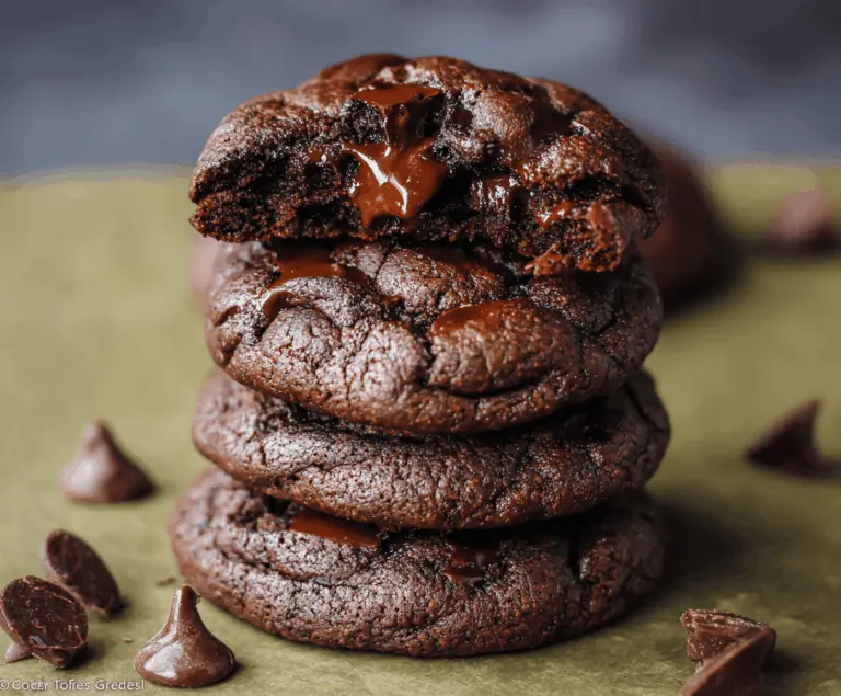Delicious homemade double chocolate cookies with rich chocolate chunks and a glossy finish on a rustic plate