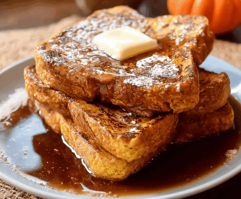 Delicious fall-inspired pumpkin French toast topped with whipped cream and cinnamon for a cozy breakfast