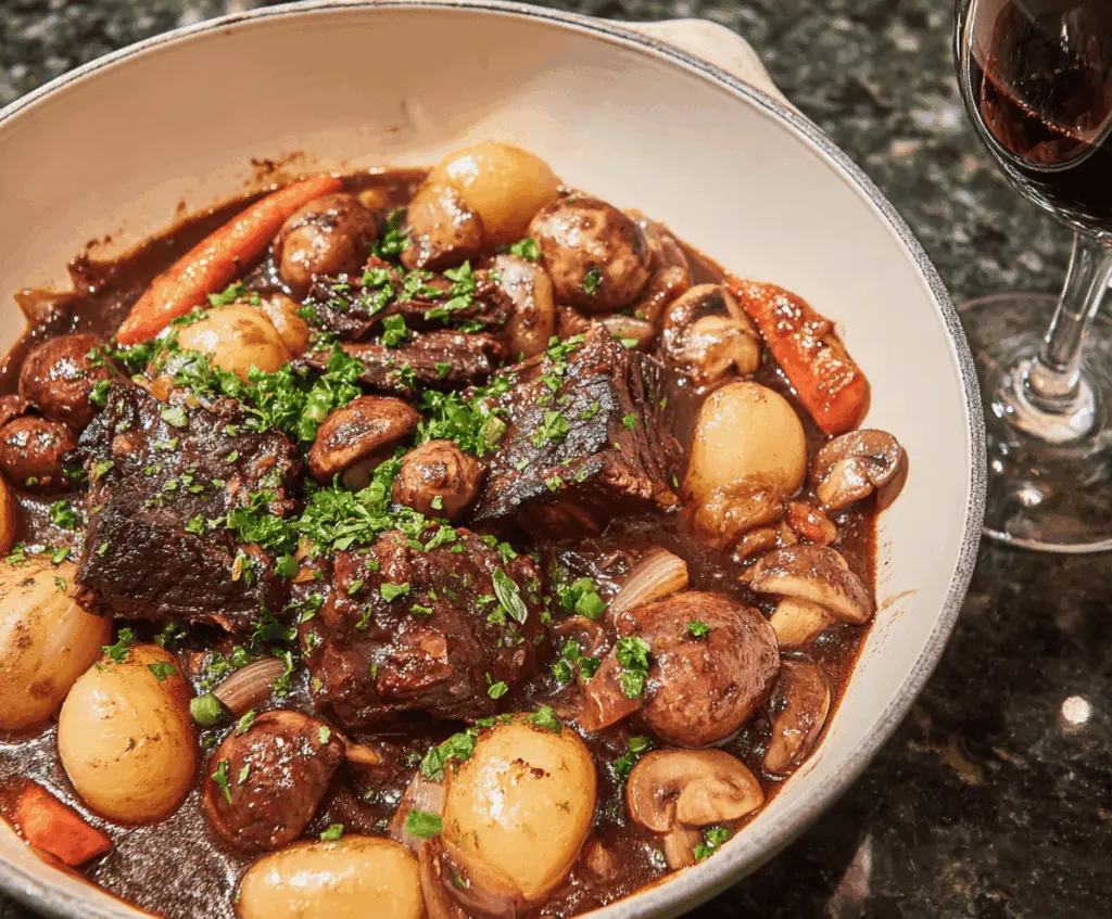 Hearty French Beef Bourguignon served with tender beef, mushrooms, carrots, and onions in a rich red wine sauce.