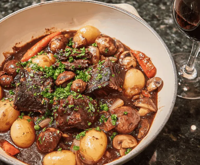 Hearty French Beef Bourguignon served with tender beef, mushrooms, carrots, and onions in a rich red wine sauce.