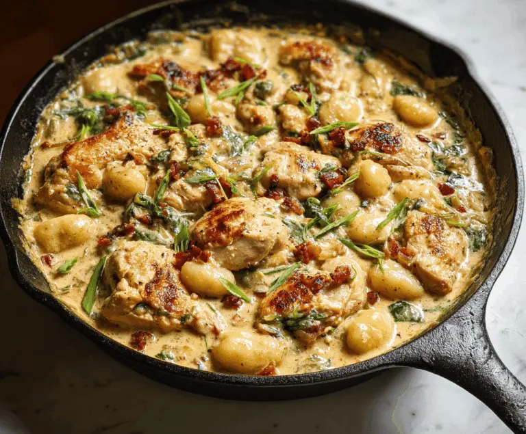 Creamy garlic chicken with tender gnocchi in a skillet, garnished with fresh herbs for a flavorful Italian-inspired meal.