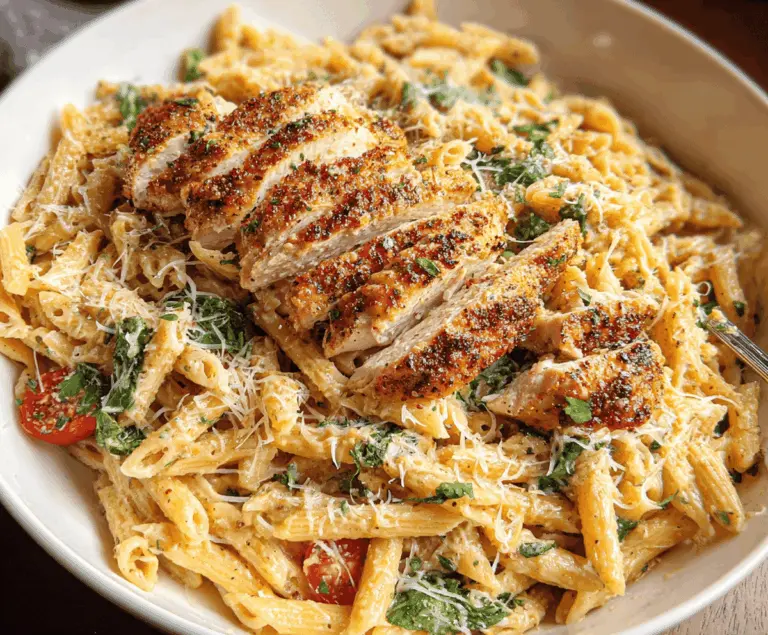 Creamy garlic parmesan chicken pasta served with grilled chicken, fresh herbs, and melted cheese on a white plate