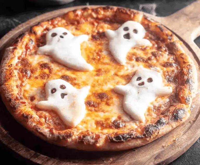 Delicious ghost-shaped pizza with mozzarella cheese and pepperoni eyes on a baking tray, perfect for Halloween-themed parties.