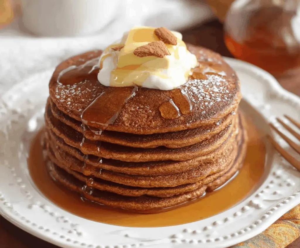 Delicious gingerbread pancakes topped with whipped cream and sprinkles, perfect for breakfast or brunch in the holiday season.
