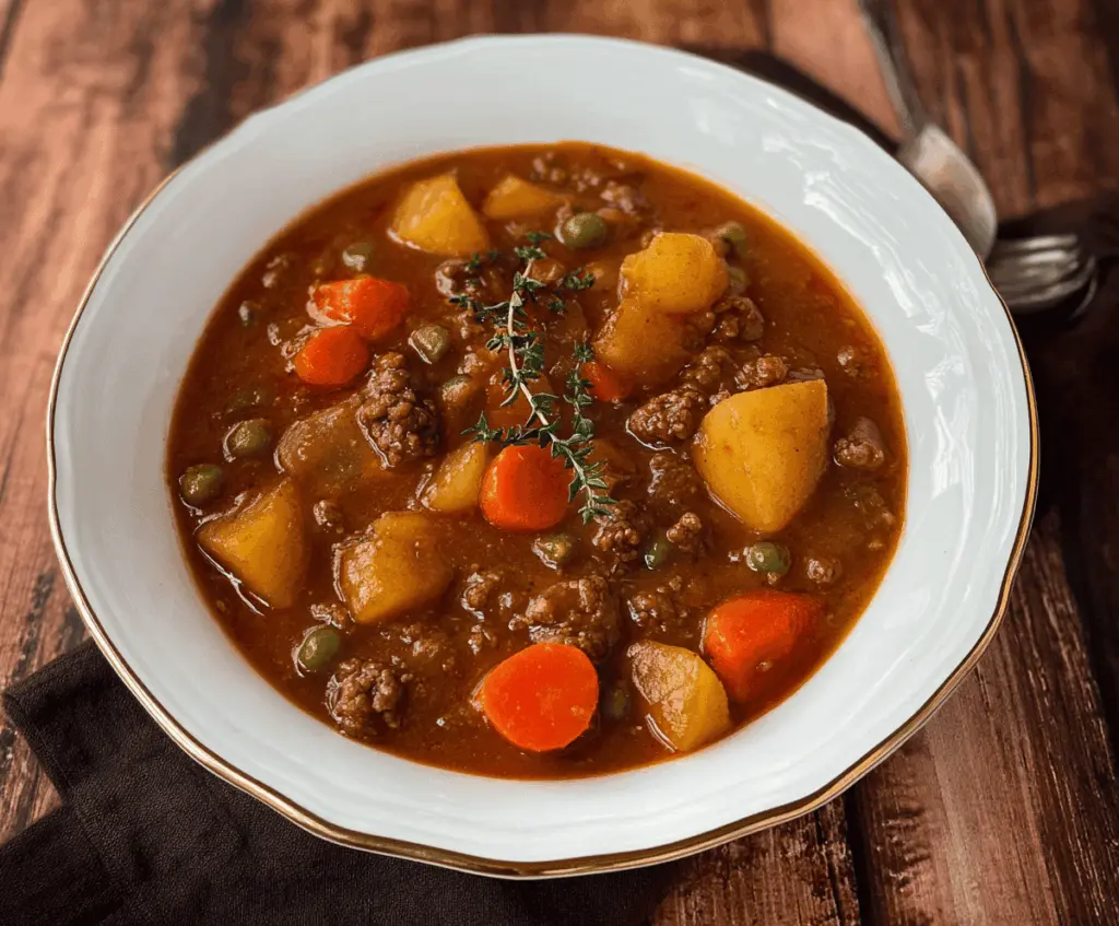 Hearty homemade Grandma's Ground Beef Stew with tender beef, vegetables, and savory broth served in a rustic bowl.